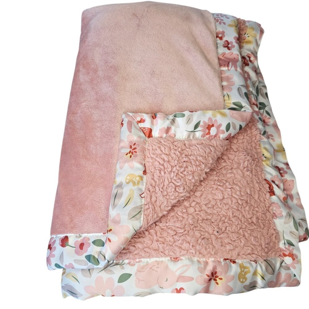 Modern Moments Pink Baby Blanket Girl‎ Floral Plush Bunny Fox Satin Trim Gerber